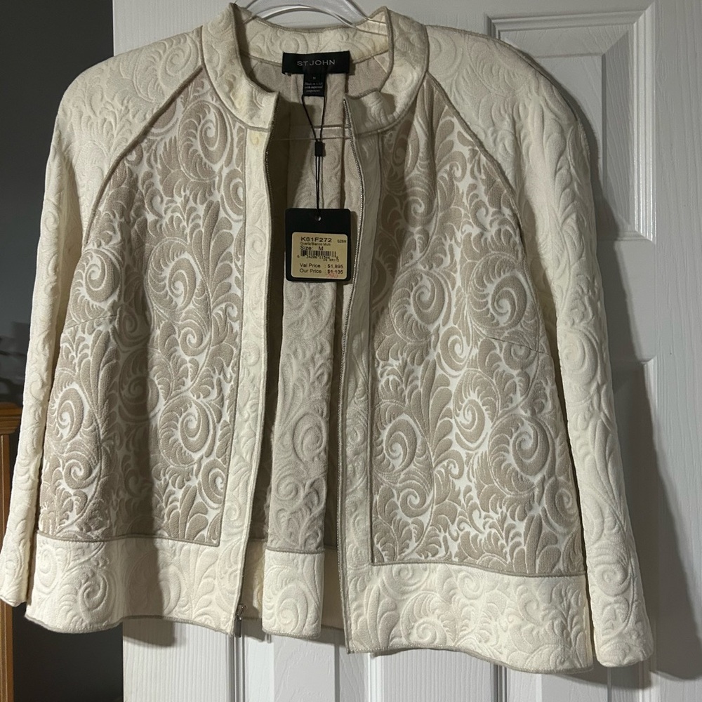 St. John Cream Embroidered Open-Front Blazer